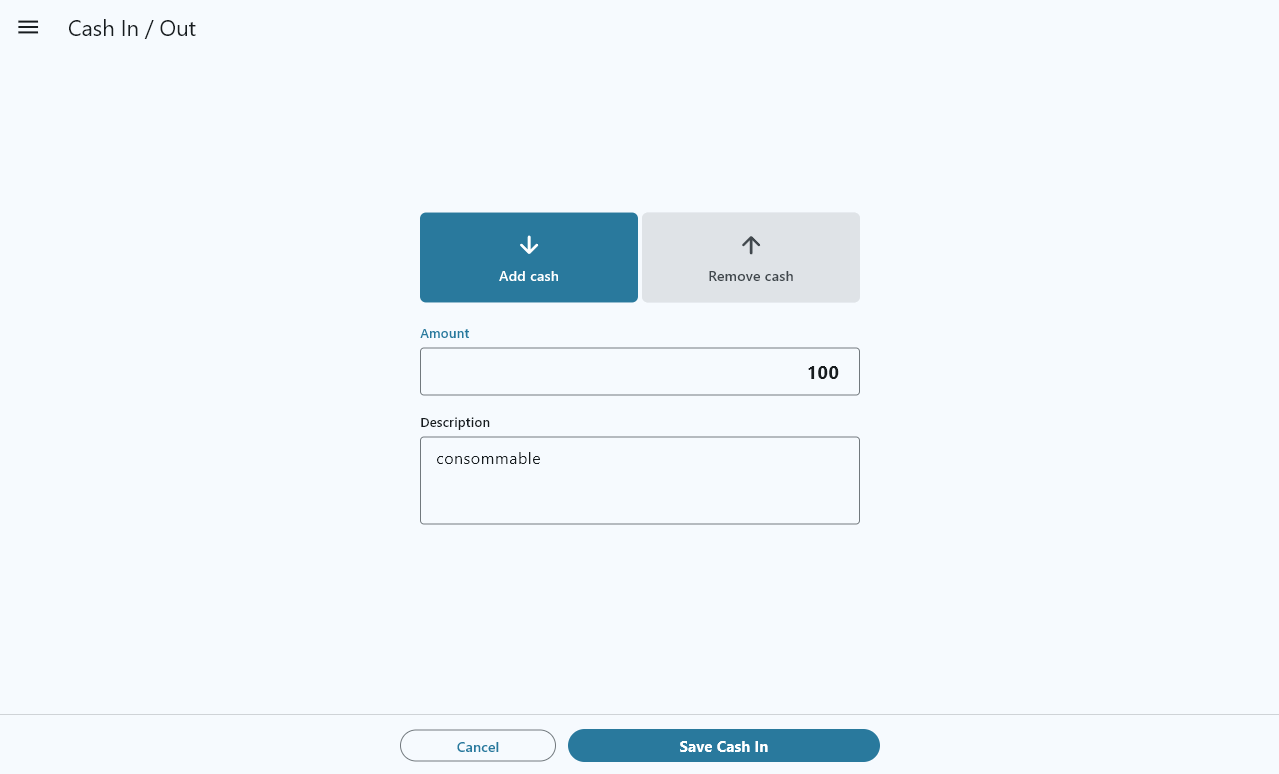 The cash in/out screen, in French: options to record cash movements.