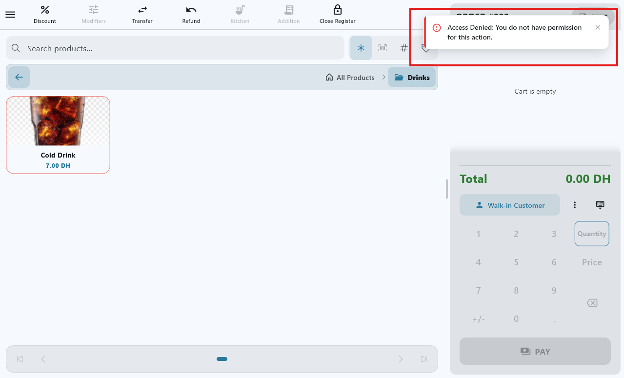 The cashier refused screen, in French: indicates the user is not an admin.