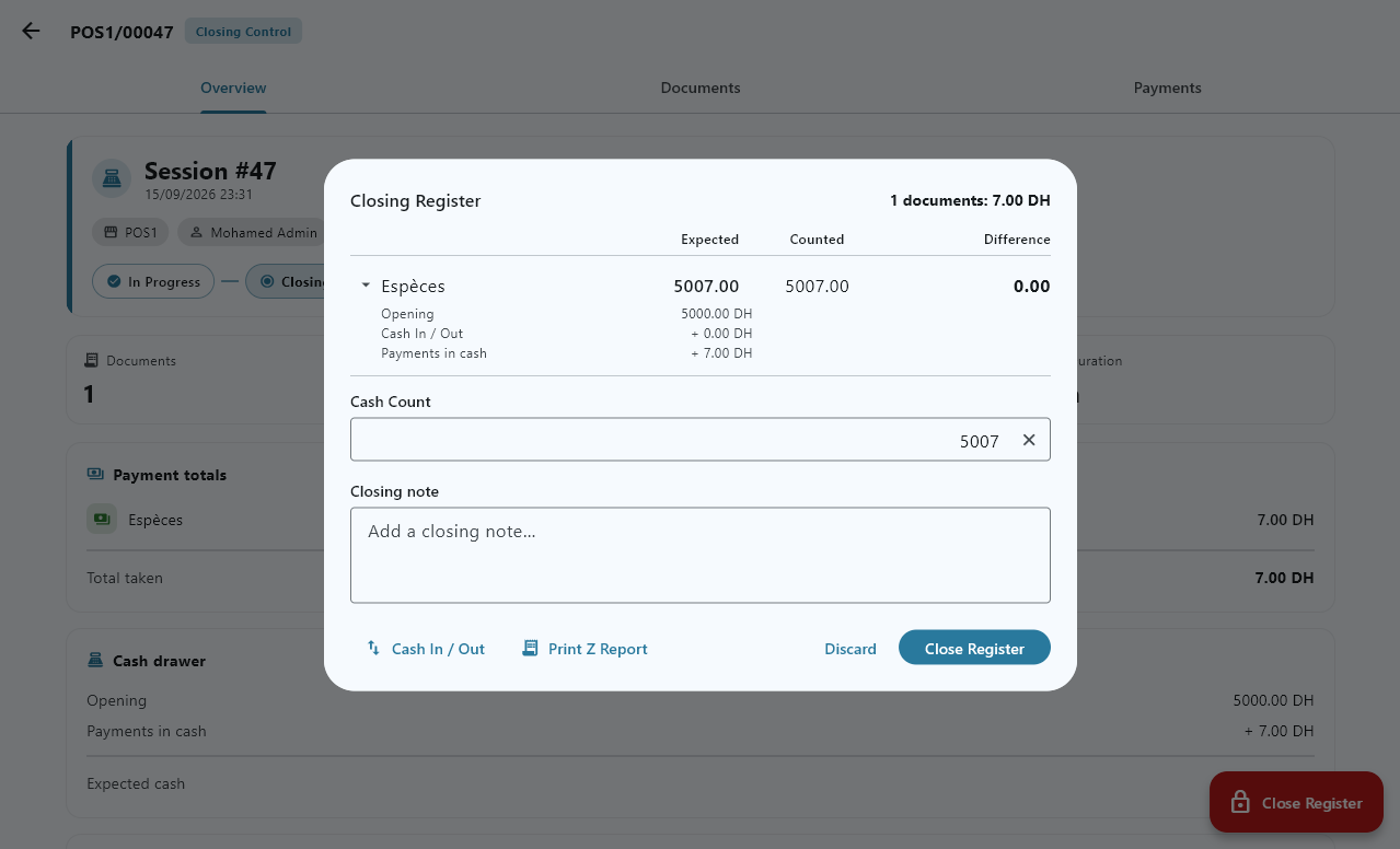 The closing register screen, in French: options to close the register.