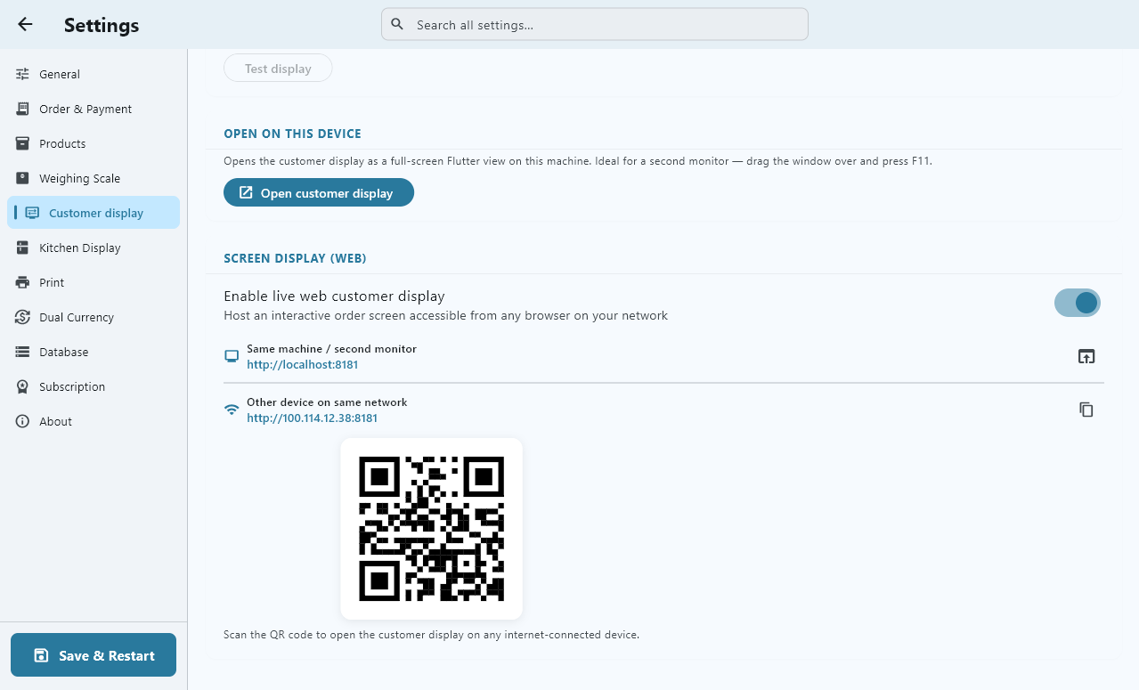 The customer display QR code screen, in French: options to open the customer display.
