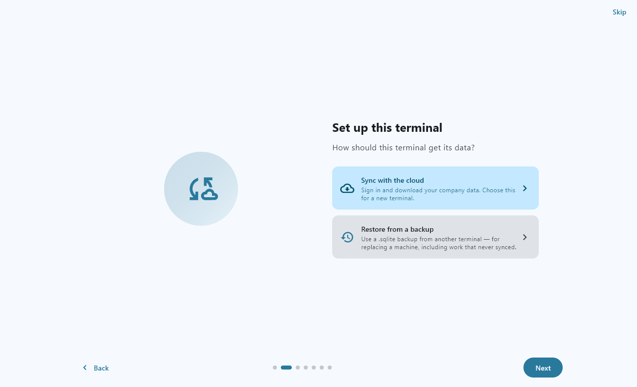 The data source screen: options to sync with the cloud or restore from a backup.