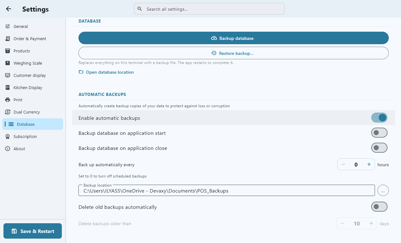 The database backup settings screen, in French: options to configure automatic backups.