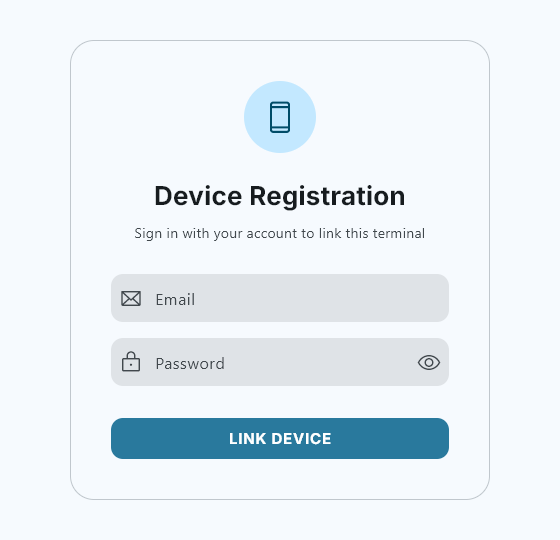 The Device Registration screen: email and password fields above the Link device button.