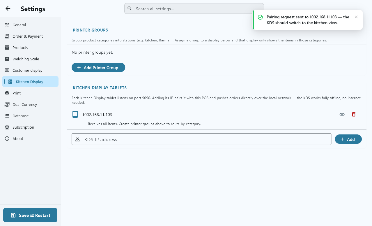 The kitchen display settings screen, in French: options to configure the kitchen display.