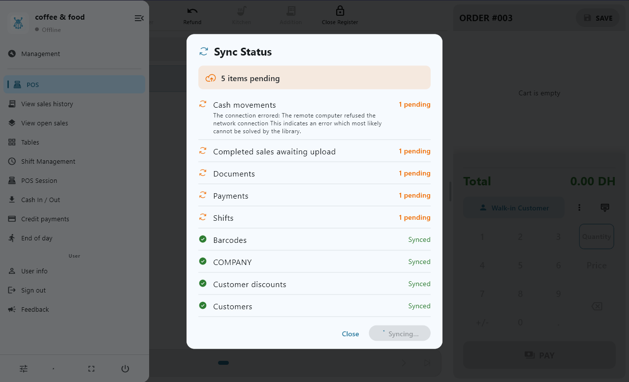 The offline pending sync screen, in French: options to manage offline sales.