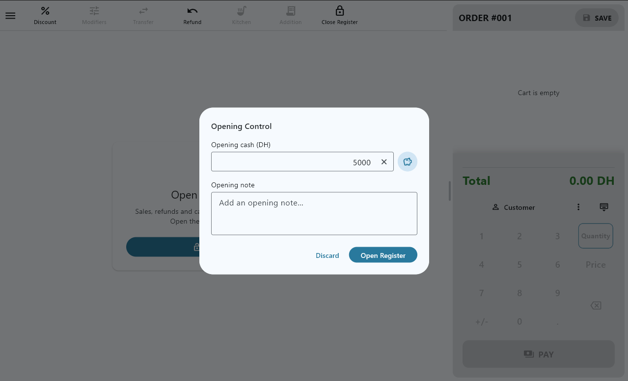 The open register screen, in French: options to open the register.