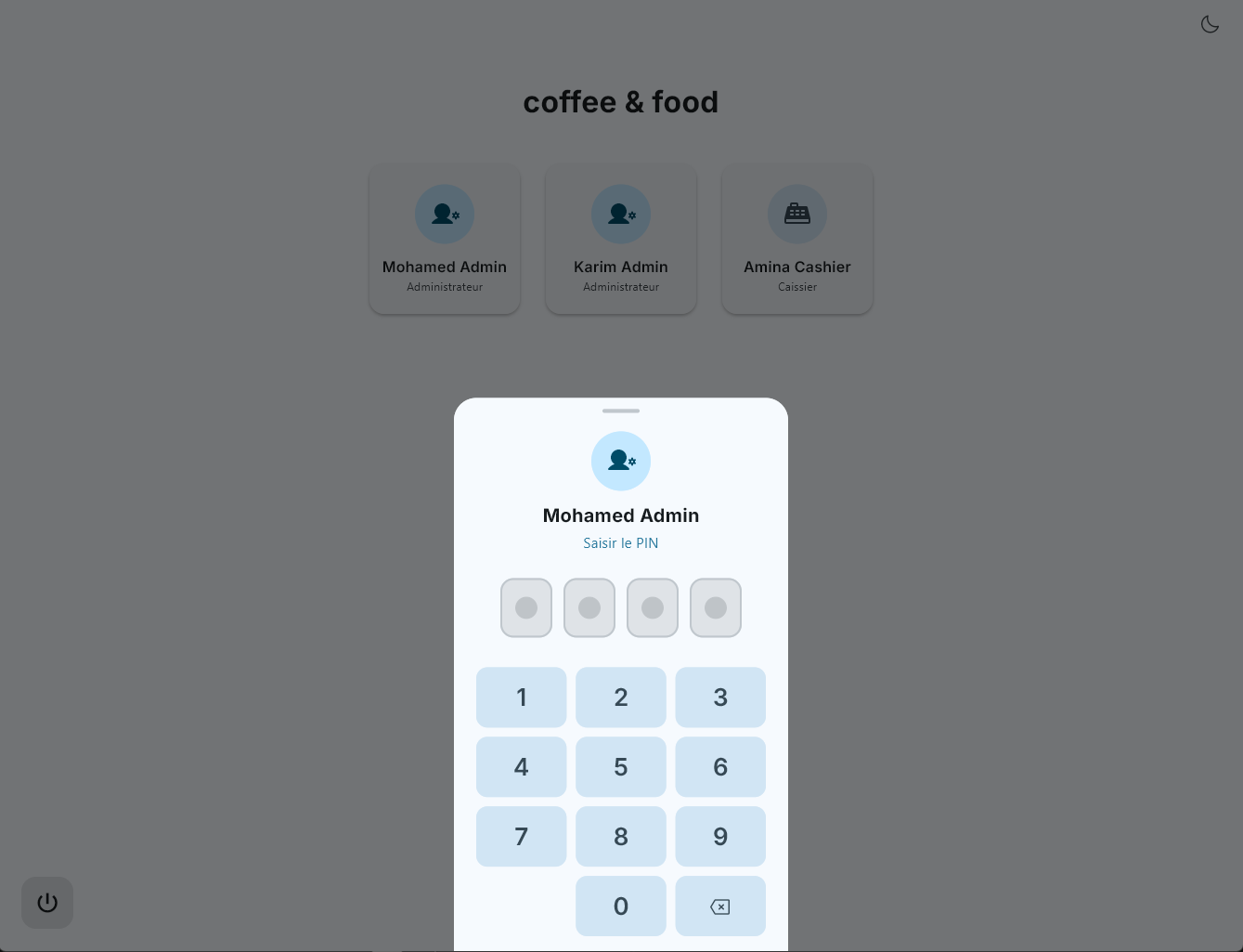 The sign-in screen, in French: enter your name and PIN.
