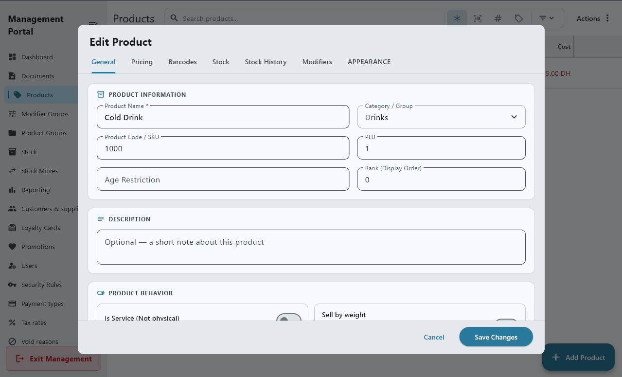 The product editor screen, in French: options to create and edit products.
