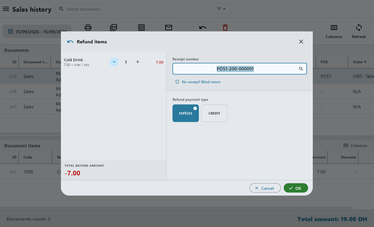 The refund dialog, in French: options to process a refund.