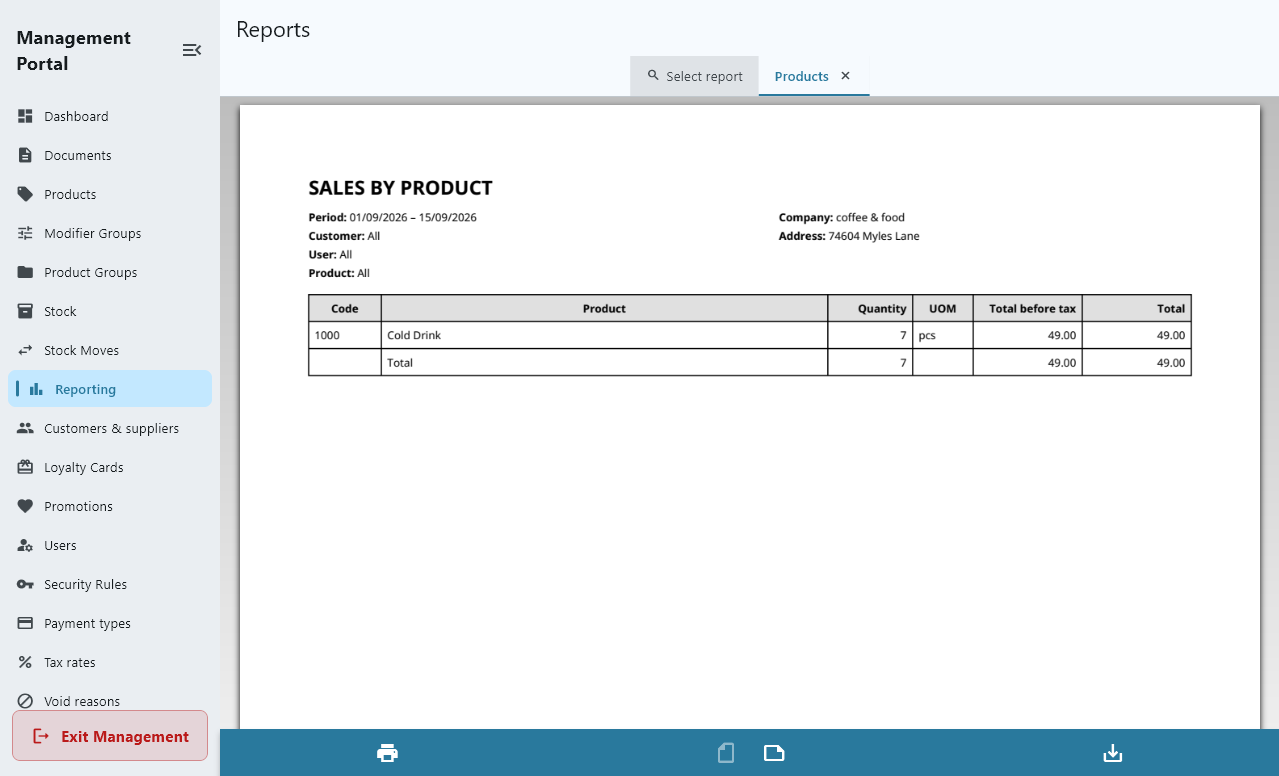 The reports screen, in French: options to view sales reports.