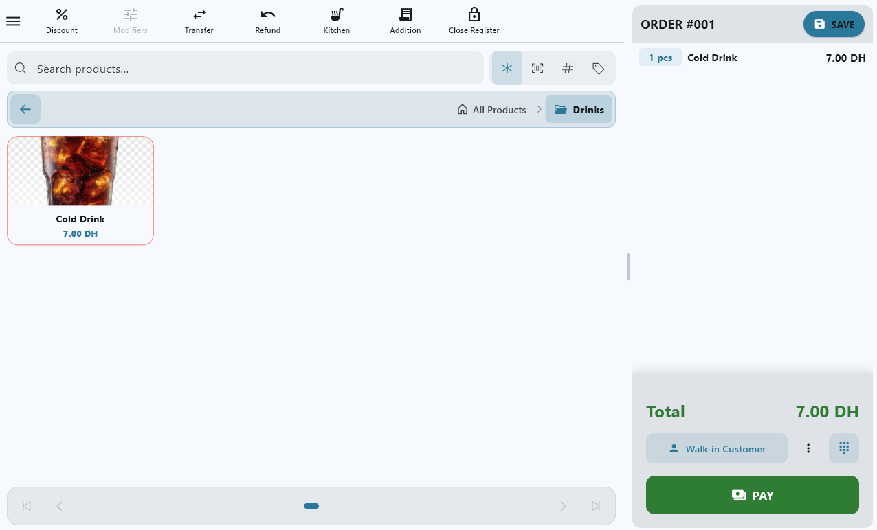 The sales screen, in French: options to add products and take payment.