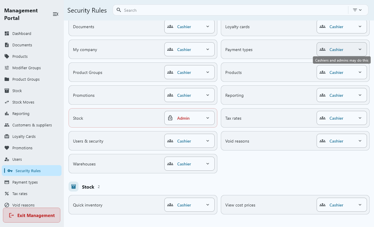 The security rules screen, in French: options to configure security settings.