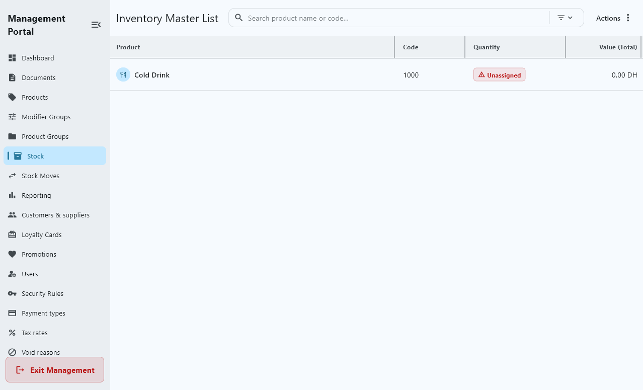 The stock and warehouses screen, in French: options to manage stock and warehouses.