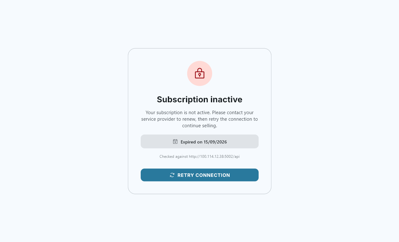 The subscription inactive screen, in French: indicates the POS cannot confirm its license.