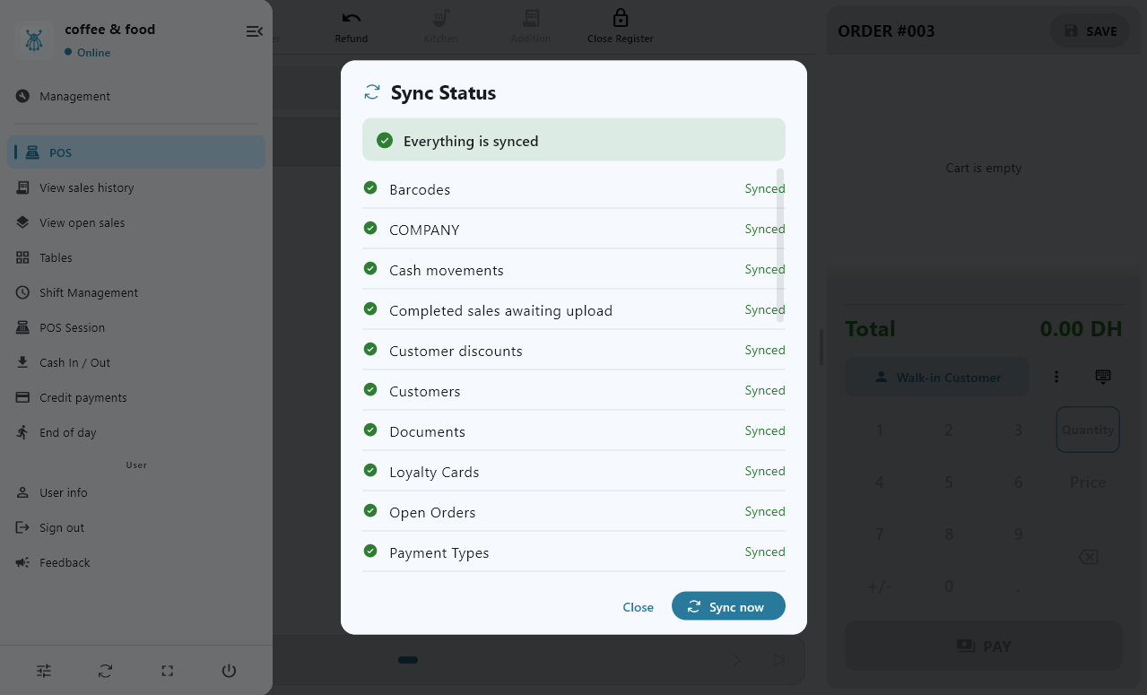 The sync status panel, in French: options to check sync status.