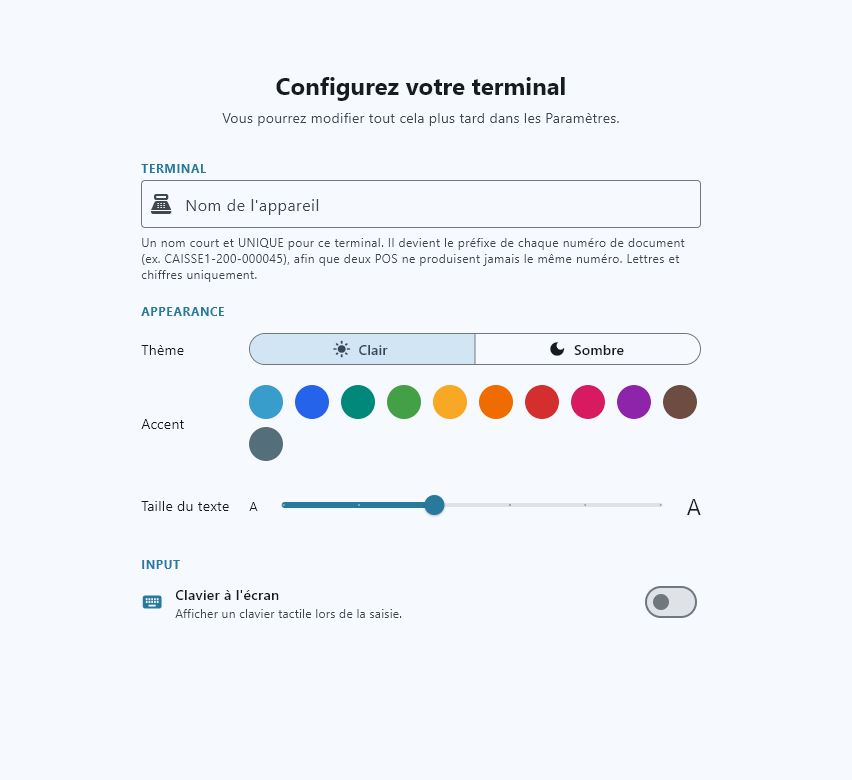 The POS set-up screen, in French: device name, theme, accent colour, text size and on-screen keyboard.