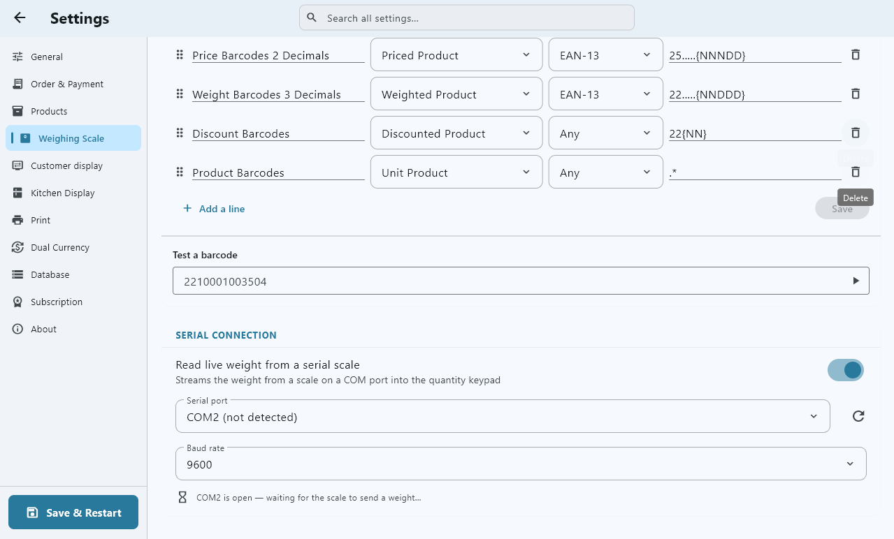 The weighing scale settings screen, in French: options to configure the weighing scale.