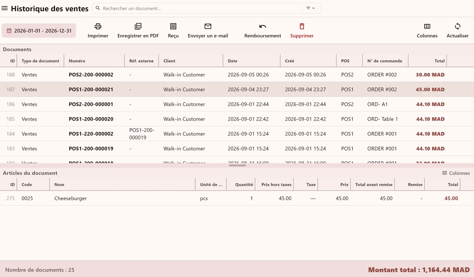 Sales history — every document, searchable, exportable and refundable.