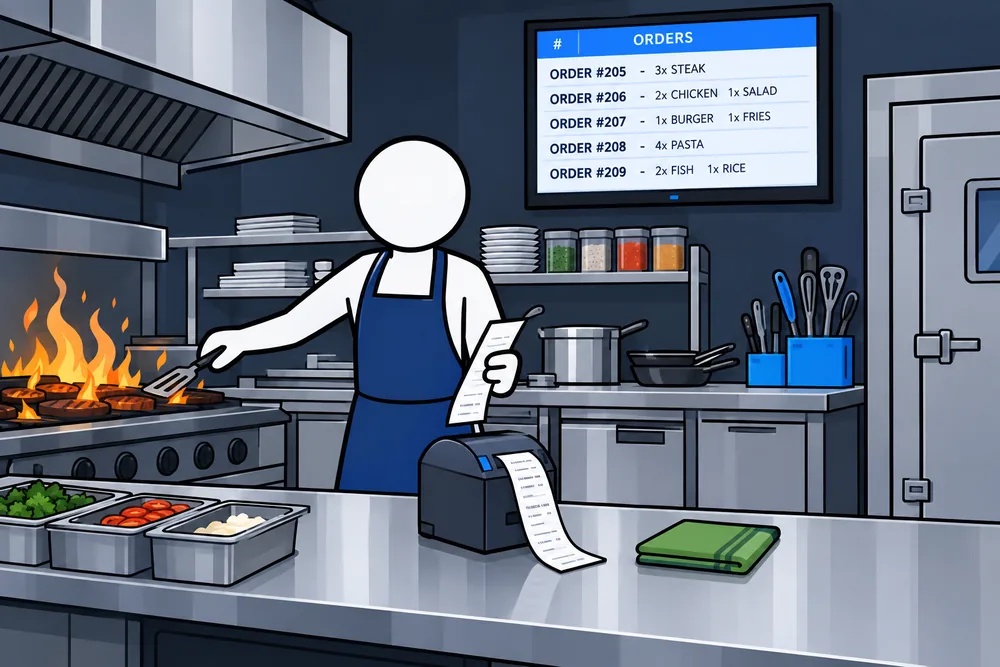 Drawing: a cook at the grill holding a kitchen ticket, below a screen listing the orders.