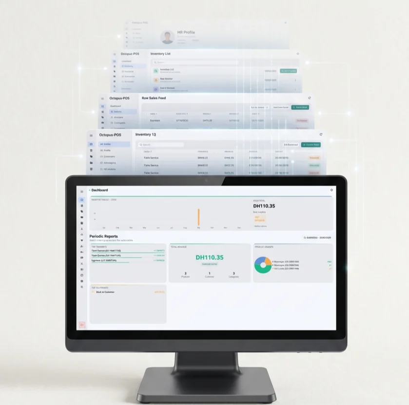 Octopus POS on a Windows touch-screen monitor, showing the sales dashboard.